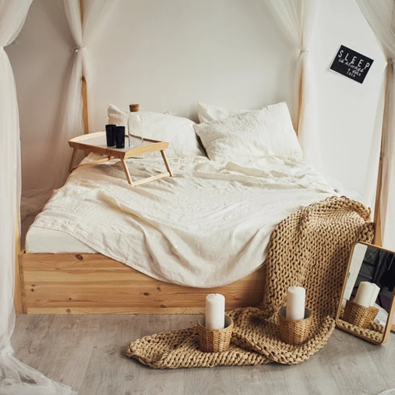 N Pcs Fitted Sheets Set 100 Hemp Bedding Queen Size Gray Blue Pink