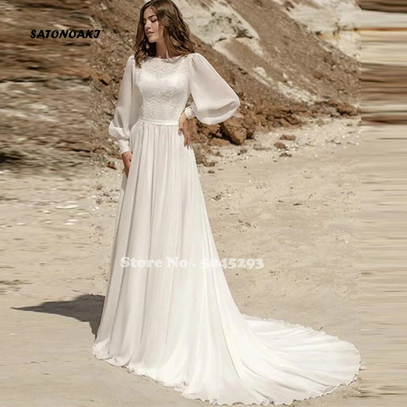 Vestido De Novia Boho A Line Long Sleeve Wedding Dresses 2021 Chiffon High Neck Lace Applique For Women Sweep Train Robe Mariée beach wedding dresses