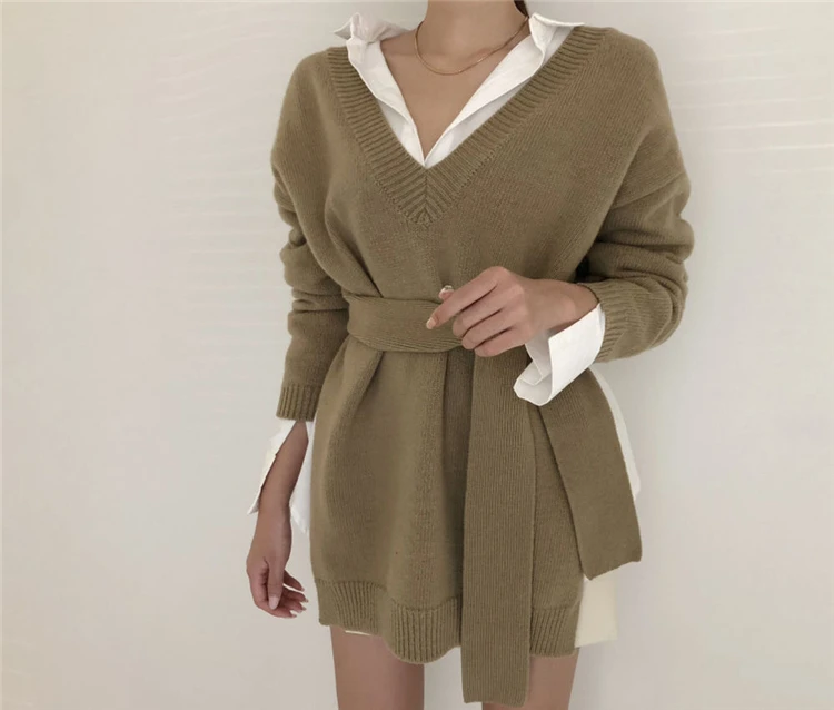 

Autumn Clothes Female Irregular Pullover Sweater Lazy oaf Solid Color V-neck Sweate Lace-up Both sides Wear