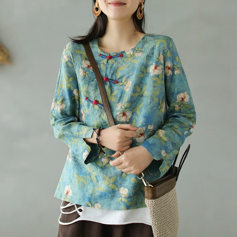 Женская винтажная хлопковая льняная рубашка на пуговицах с цветочным принтом и