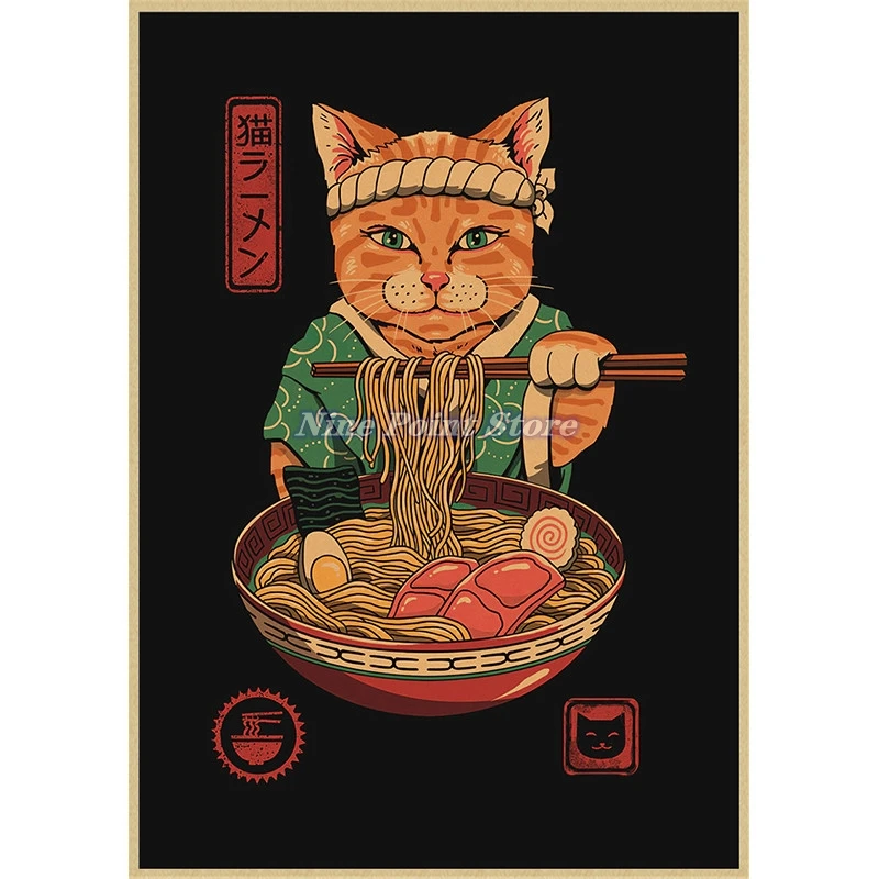 flower wall decals Japanese Samurai Cat Ramen Kraft Paper painting posters Home Decor Art Decor HD quality Cartoon Painting animal nursery wall stickers Wall Stickers