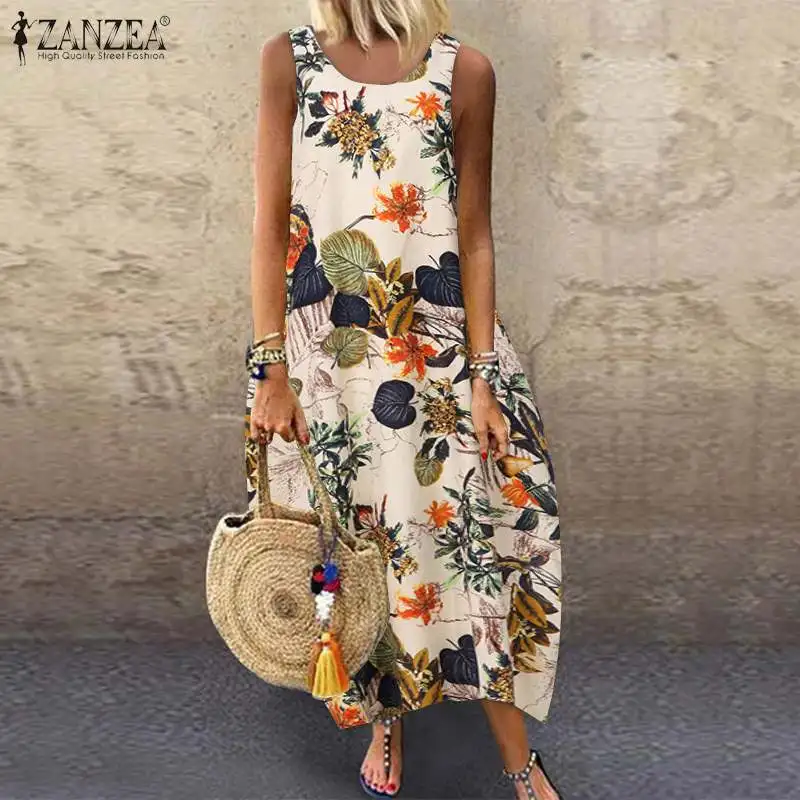 Женское хлопковое льняное платье ZANZEA, винтажное Летнее Длинное платье с цветочным принтом, сарафан без рукавов, мешковатые пляжные сарафаны, 5XL
