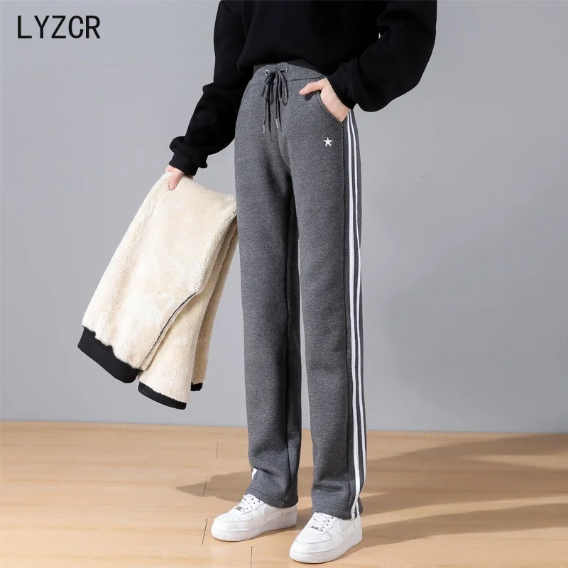 

Women Winter Cashmere Pants Thick Warm Stripe Velvet Pants For Women Loose Straight Thicken Fleece Trousers High Waist 2022
