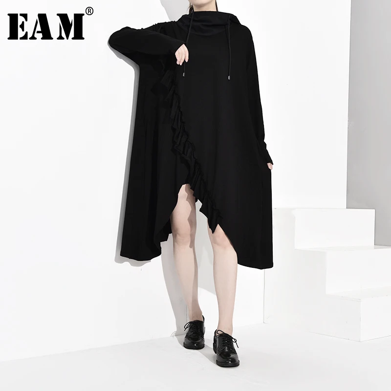 [EAM] женское черное асимметричное платье большого размера с оборками, новинка, с капюшоном, с длинным рукавом, свободный крой, модная одежда, весна-осень, JO0080