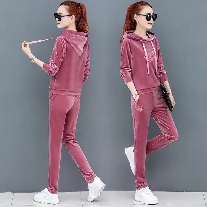 Pink Sportwear Hooded Velvet Tracksuits Winter Women Plus Size Casual Ensemble Femme Jogging Two Piece Sets Embroidery Tops And Pants - Цвет: Pink