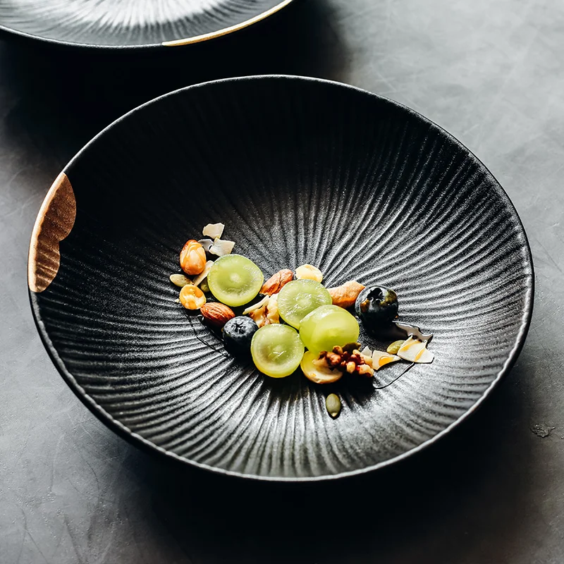 

Nordic Style CeramicsWujin Embossed Plate Golden Inlay Household Dish Breakfast Tray Steak Dinner Fruit Plate Tableware