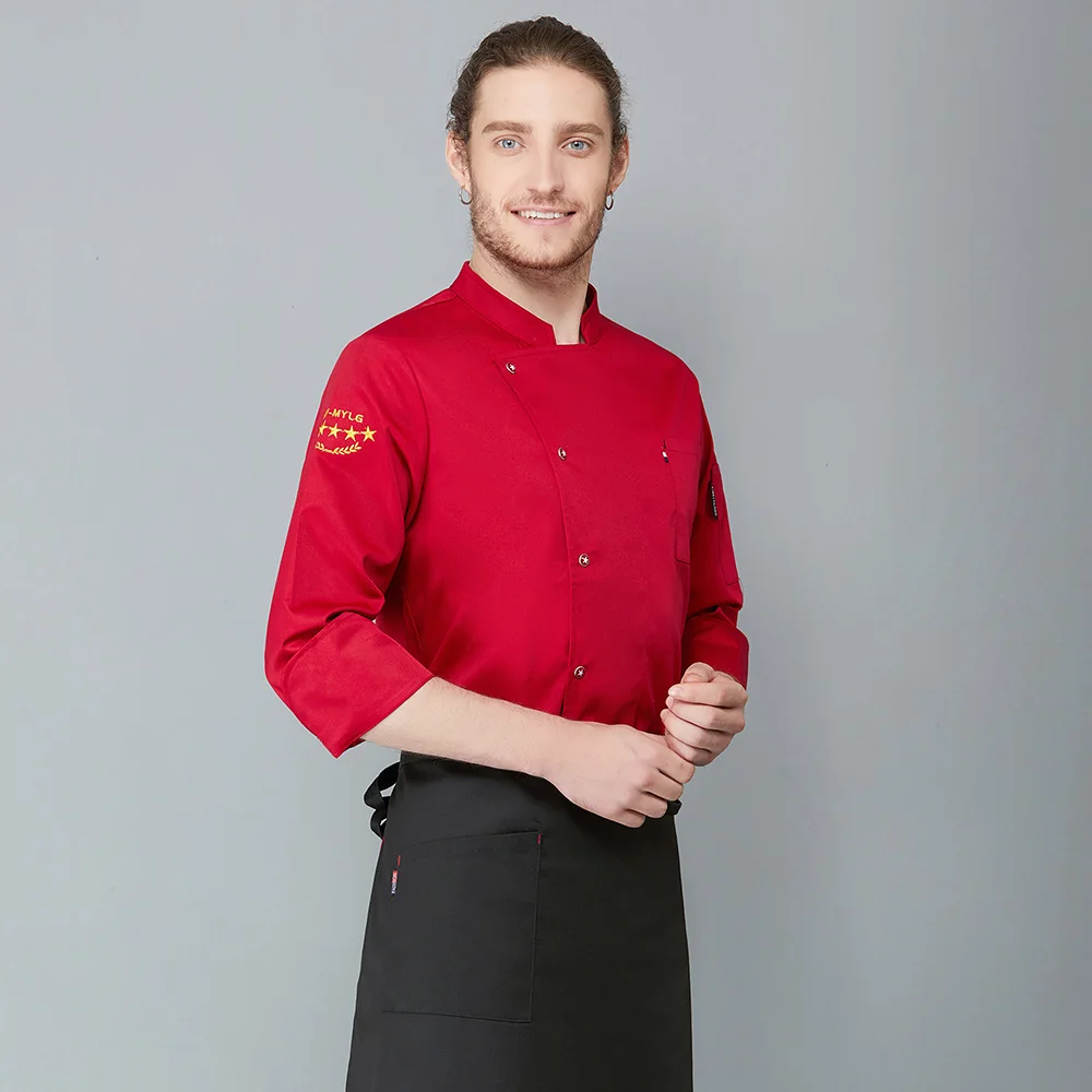 Мужская Рабочая Униформа для шеф-повара, куртка для кухни, одежда для мужчин, косой воротник, однотонный, однобортный, дышащий, с длинным рукавом, пальто для шеф-повара, M-3XL - Цвет: Красный