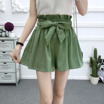 

Summer Korean Style Female Shorts Fashion High Waist Loose Wide Leg Short Femme Elastic Waist Belt Beach Bow Shorts