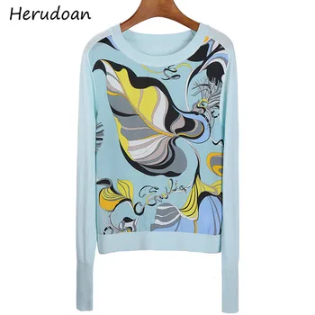 

Herudoan Autumn Fashion Women Vintage Knitted Top Designer Long sleeve Printed O-neck Ladies Elegant Wool Sweater Pullover