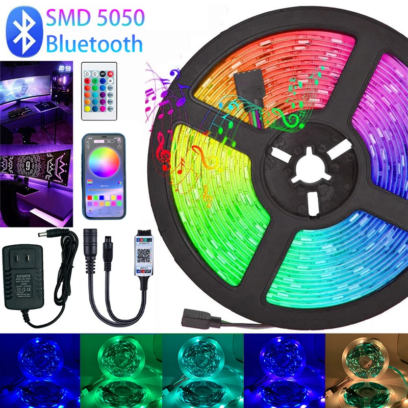 Tira de Luces Led RGB 5050 DC 12V IP20, lazo cinta Flexible diodo Bluetooth WIFI IR mando a distancia adaptador