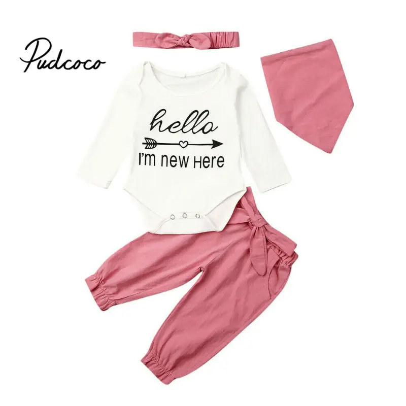 For Newborn Clothes Toddler Infant Baby Girls Letter Arrow Print Tops+Bow Pants+Headwear+Bib Outfits Set roupa infantil |