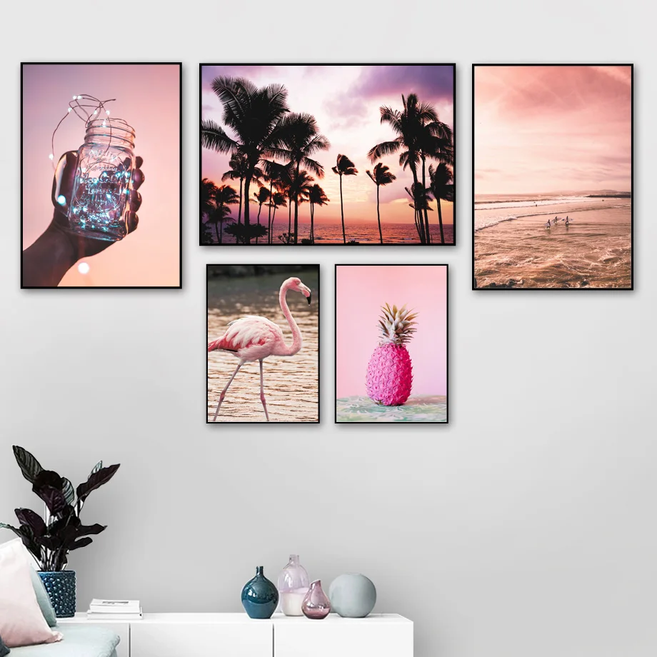 

Pink Flower Flamingo Glass Bottle Wall Art Print Canvas Painting Nordic Canvas Posters And Prints Wall Pictures For Living Room