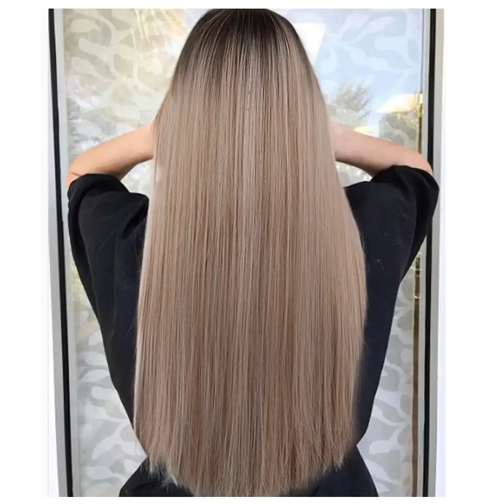 Long Silky Straight Synthetic Ombre Wig Mixed Ash Blonde And Brown
