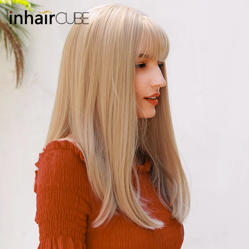 Inhaircube Long Straight Ombre Blonde Long Synthetic Wig with Bangs High Density Natural Headline Heat Resistant Hair Wigs