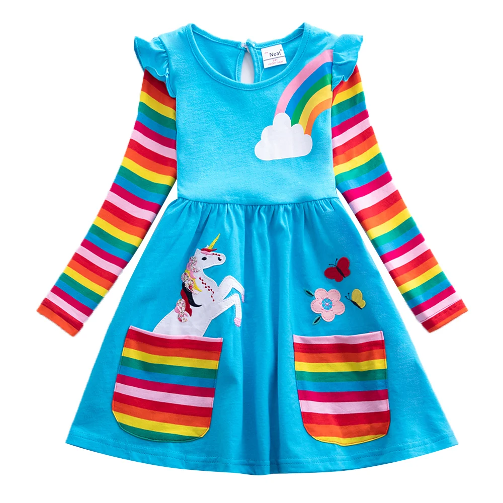 JUXINSU Girl Cotton Long Sleeve Dress Unicorn Pony Cartoon Seven-Color Rainbow Autumn Winter Girls Casual Dresses | Детская одежда и