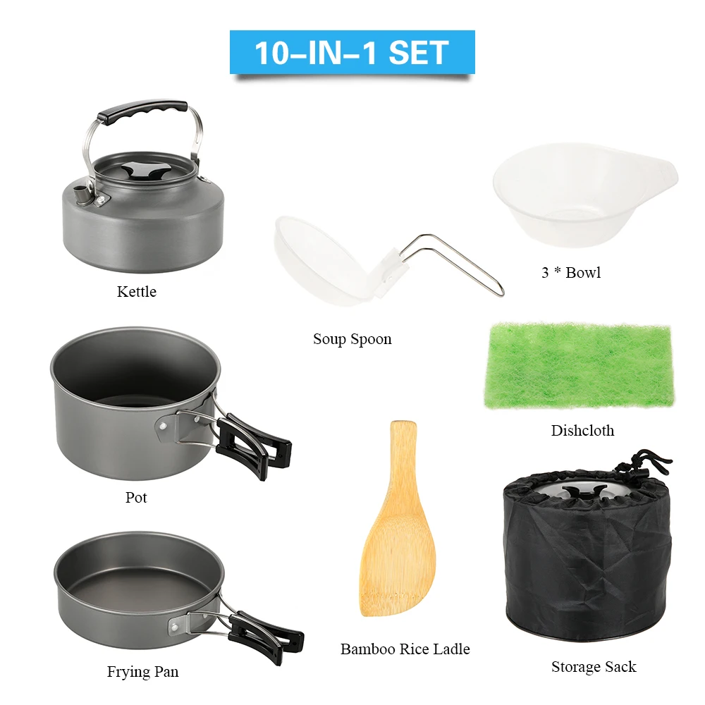 Camping Cookware Set Hiking Backpacking Outdoor Cooking Picnic Set Camp Pot Bowl Pot Pan Kettle Teapot Set Kit for 2-3 People