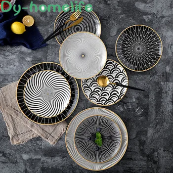 

6/8/10 Inch Nordic Style Geometric Pattern Round Ceramic Plate Home Kitchen Supplies Restaurant Bone China Western Salad Dish
