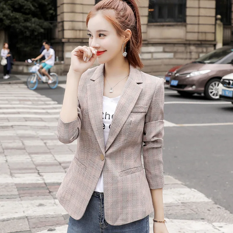Small Plaid Suit Tops 2019 Spring Autumn New Style Korean-style Slim Fit Casual Retro Chic Women Blazer Jacket Small Plaid Suit Tops 2019 Spring Autumn New Style Korean-style Slim Fit Casual Retro Chic Women Blazer Jacket