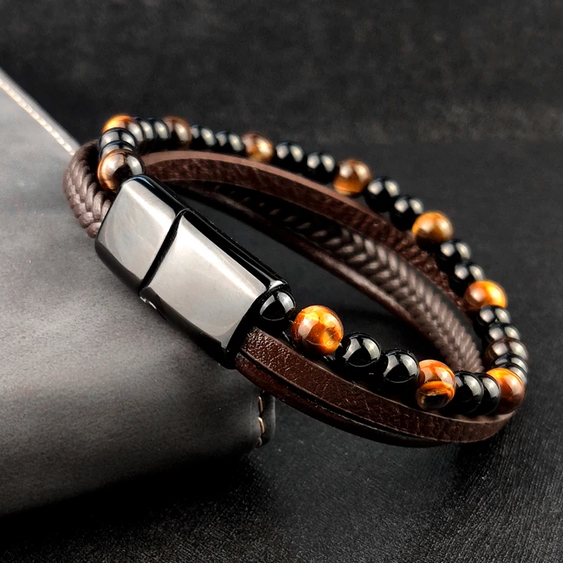 4Pcs/ Set Braided Wrap Leather Bracelets for Men VintageTiger eyes stone Charm stainless steel men Beads Ethnic Tribal Wristband