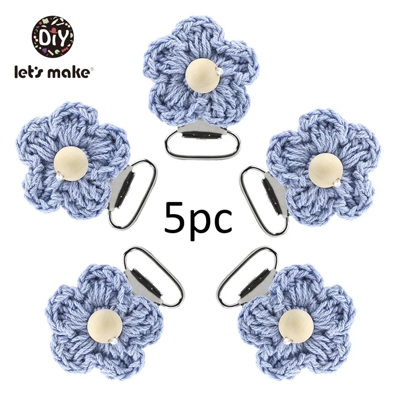 Let's Make Pacifier Clip Crochet Flower 5pcs Metal PVC Free DIY Pacifier Chain Personalized Nipple Clips Holder Baby Accessories - Color: blue