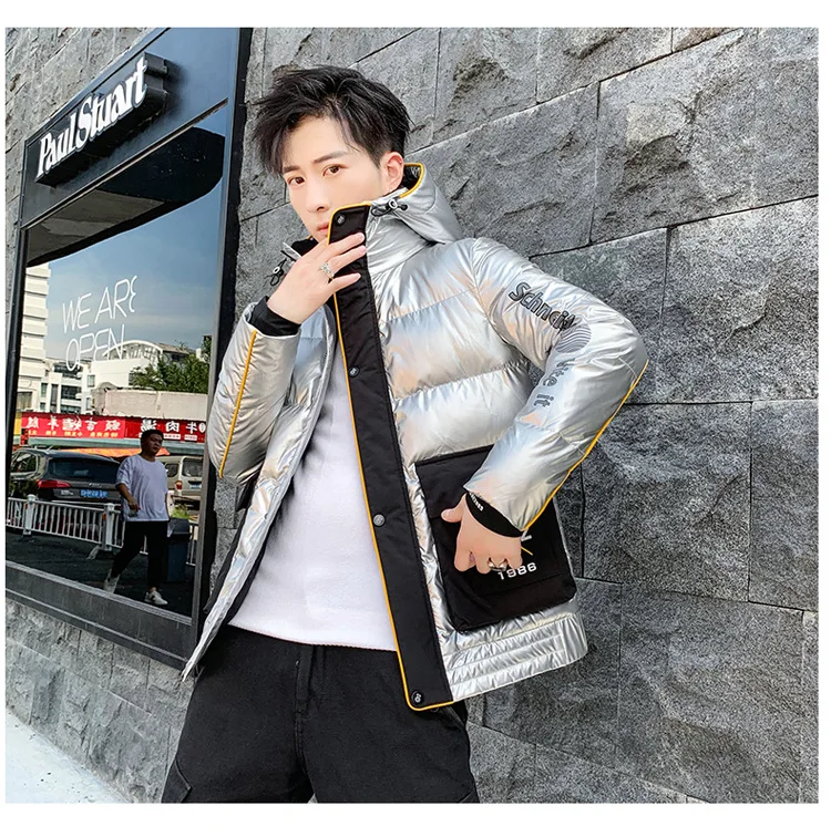 Winter New Style Men Bright Surface Cotton-padded Clothes Men'S Wear Teenager Trend Cool Mixed Colors Hooded Cotton Coat Student