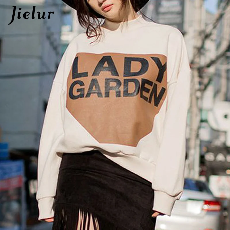 Jielur белый свитер женский с буквенным принтом Sudadera Mujer Свободные Теплые шикарные