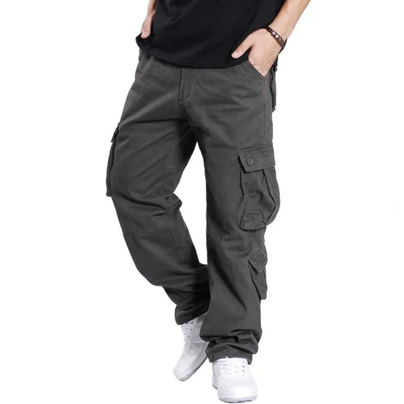 ARMY Gray Green Весенне-осенние мужские брюки карго, хлопковые повседневные свободные мешковатые хип-хоп брюки, прямые брюки, много карманов размера плюс, джоггеры 31-44 - Цвет: ARMY Gray Green