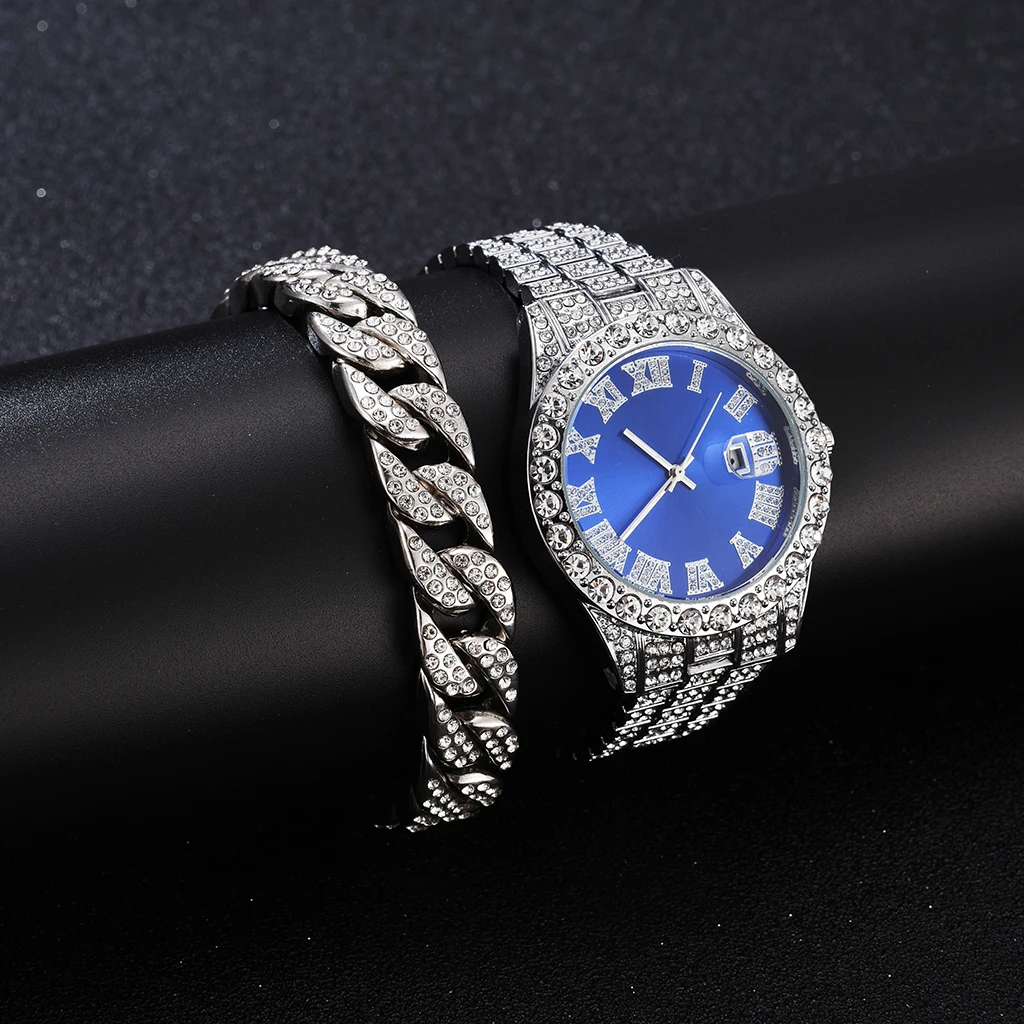 2 Pcs Watch+bracelet Hip Hop Stainless Steel Gold Color Calendar Watch For Men Iced Out Paved Rhinestones Men Watch Reloj Hombre