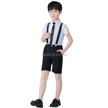 

School Kids Strap Shirt Shorts Tie 4Pcs Suit Flower Boys Formal Birthday Tuxedo Dress Kids Prom Host Dance Suit Clothing Set