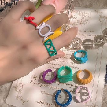 

HangZhi 2020 New Summer Candy Color Dripping Oil Painting Geometric Hyperbole Irregular Hollow Open Rings for Women Jewelry