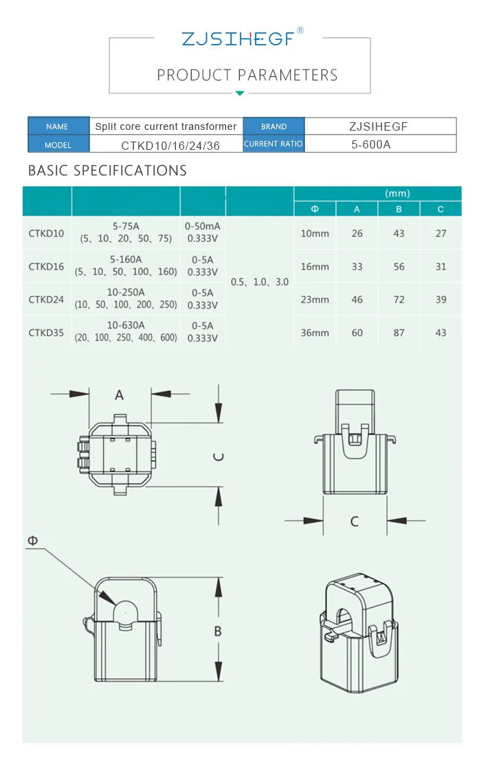 Зажим на CT CTKD36 разделенный сердечник трансформатор тока 400A/40mA 500/50mA 600A/60mA с Умной энергосистемой внутренний размер 36 мм