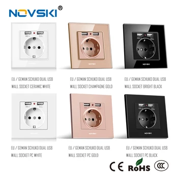 

German Russian Wall Socket Grounded Dual USB 5V 2.1A Port Adapter Charging Wall Power Outlet Socket 86*86mm NOVSKI