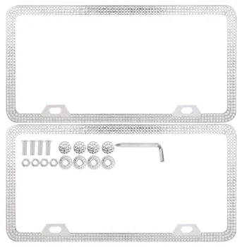 

2 Sets Crystal License Plate Frame Women Luxury Handcrafted Rhinestone Car Frame Plate With Ignition Button Car Decoration