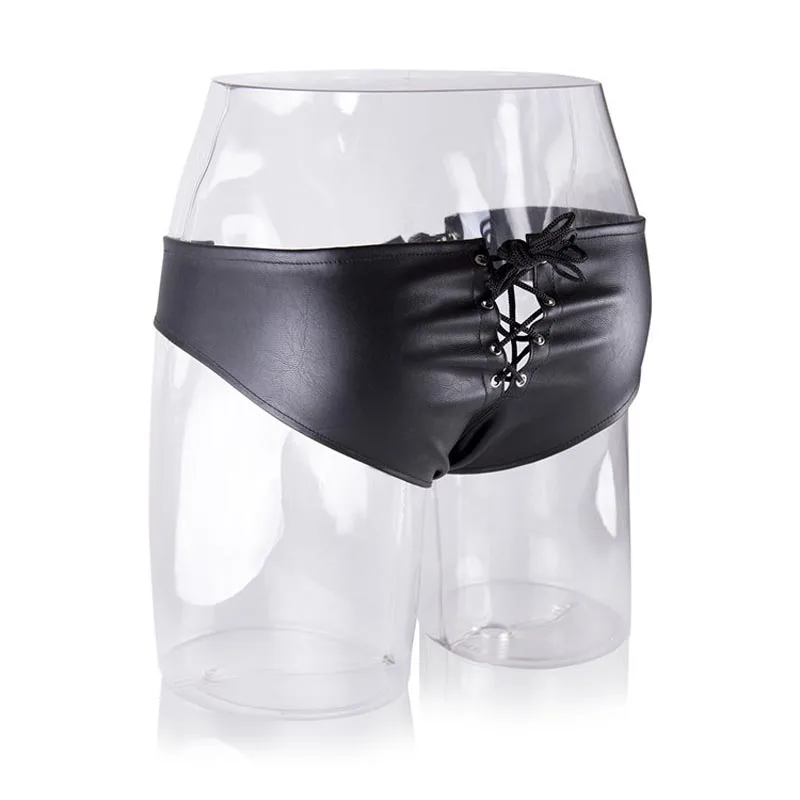 Hot Faux Leather Metallic Shiny Boy Shorts Lace Up Brief Men Kinky Bikini Underwear Under Pants Fetish Lingerie for Him