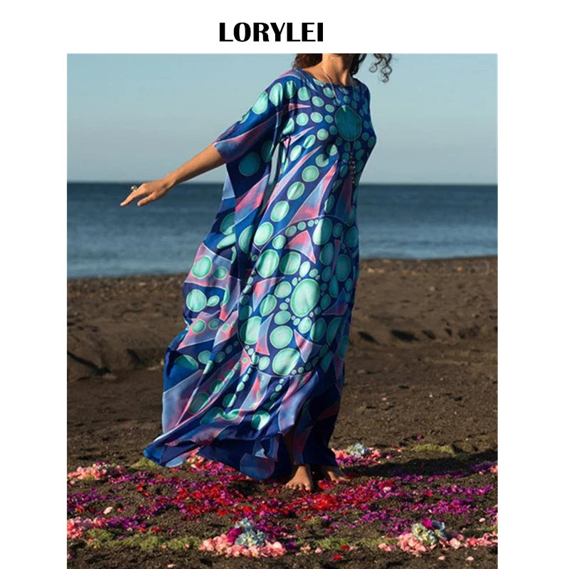 

2019 Blue Bohemian Printed Batwing Sleeve Plus Size Kaftan Beach Dress Cotton Tunic Robe Women Summer Beachwear Cover-ups Q687