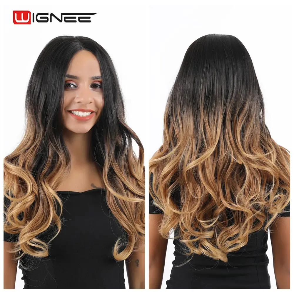 

Wignee Lace Front Synthetic Wig Long Ombre Black to Brown for Women Natural Wavy Hair Wig Fiber Cosplay/Daily/Party Hair Wigs