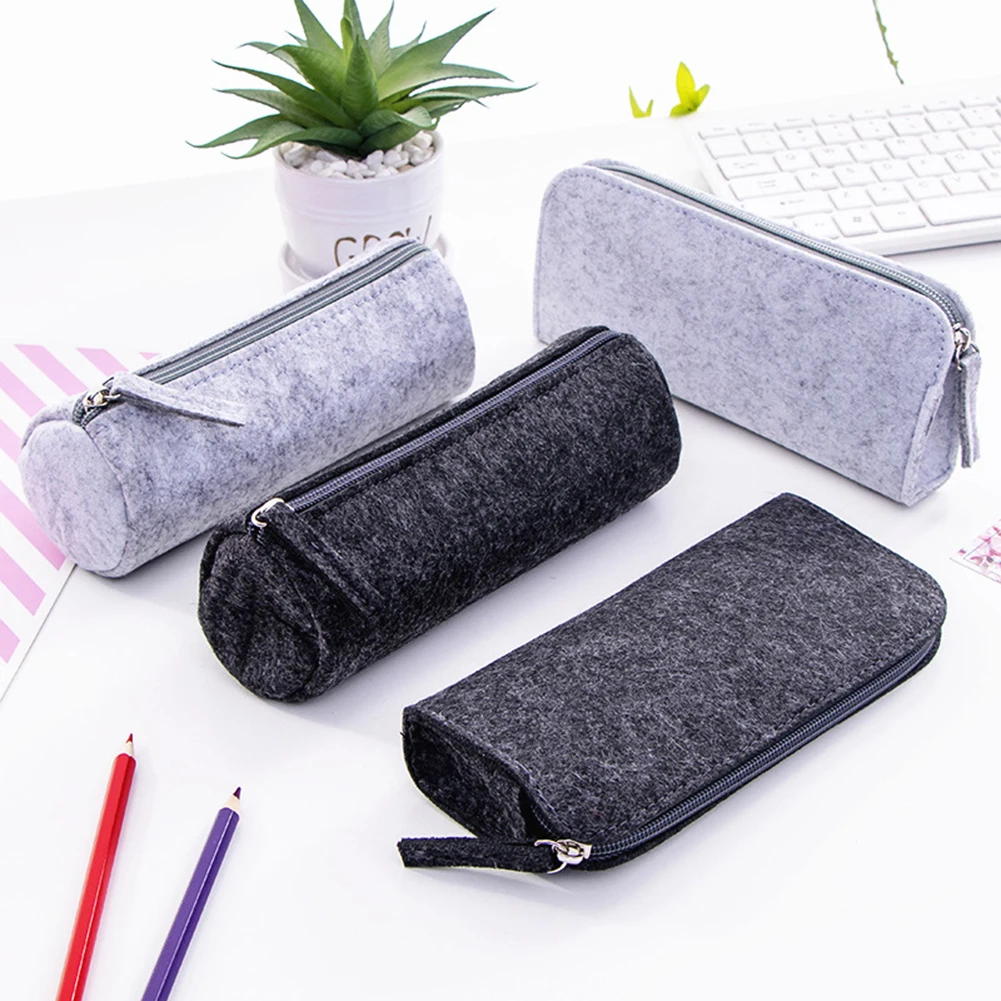 Round/Flat Large Capacity Zipper Felt Cute Pencil Case Student Stationery Storage Kawaii Pen Bag Pencil Case For Girls