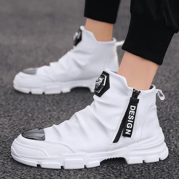 

Fashion Bling Metal Head Design Men Boots High Top Zipper Leather Boots Men Black White Glitter Male Motorcycle Shoes