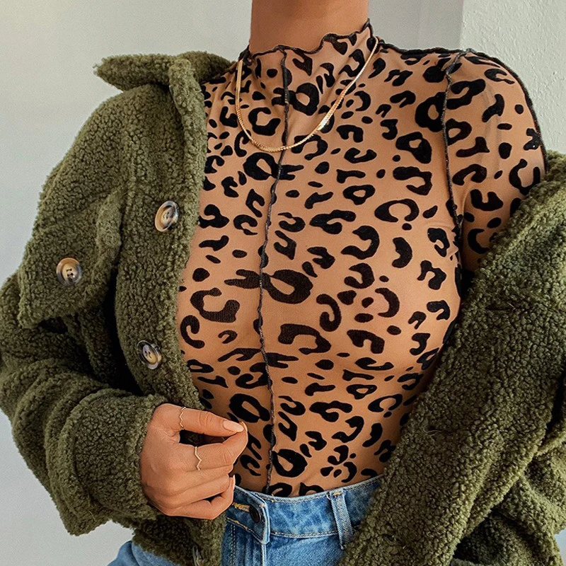 OMSJ Women New Sexy Leopard Printed Skinny Bodysuit Brown High Neck Long Sleeve Jumpsuit Clubwear Tops Basic Overalls For Ladies