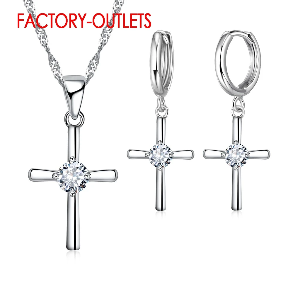 925 Sterling Silver Necklaces Earrings Cross Shape Classic Fashion Jewelry Set CZ Cubic Zirconia Party Unisex Wholesale | Украшения и