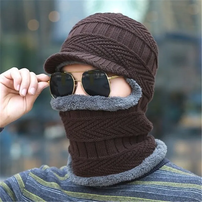 Men Winter Knitted Cap Scarf Set Skullies Autumn Winter Warm Soft Comfortable Man Beanies Thicken Windproof Mens Outdoor