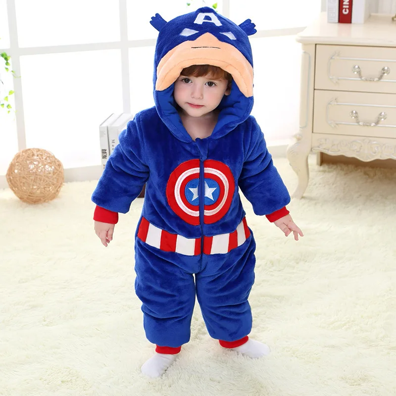 

2015 Winter Single Zipper Crawling Clothes Cartoon America Captain Modeling Romper Thick Quilted Childrenswear One-piece H3108