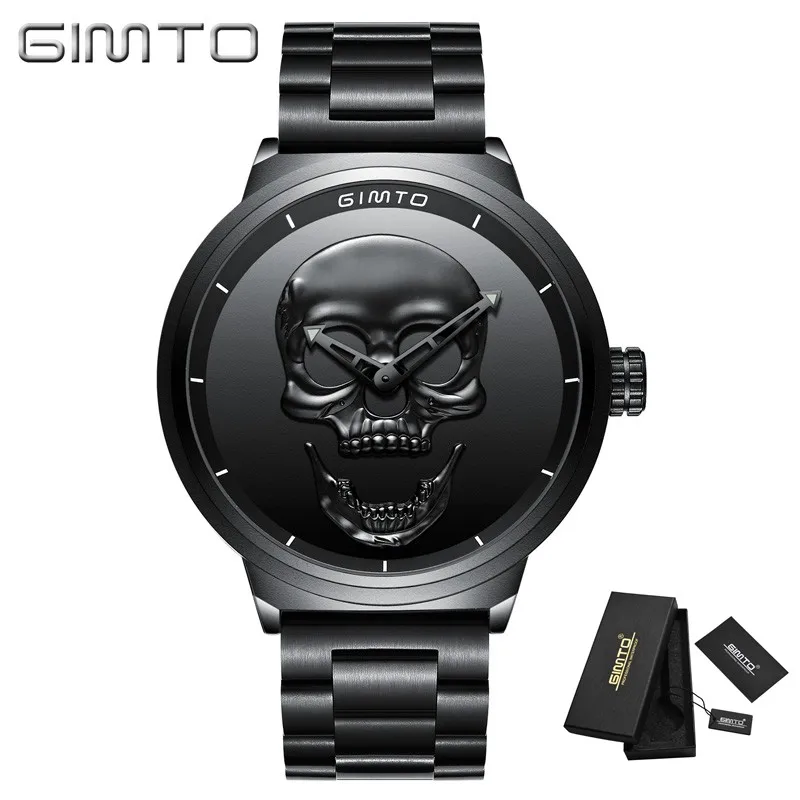 Black Steel Box Стильные модные брендовые мужские часы GIMTO с черепом в стиле панк, черные креативные уникальные мужские часы из нержавеющей стали с скелетом - Цвет: Black Steel Box