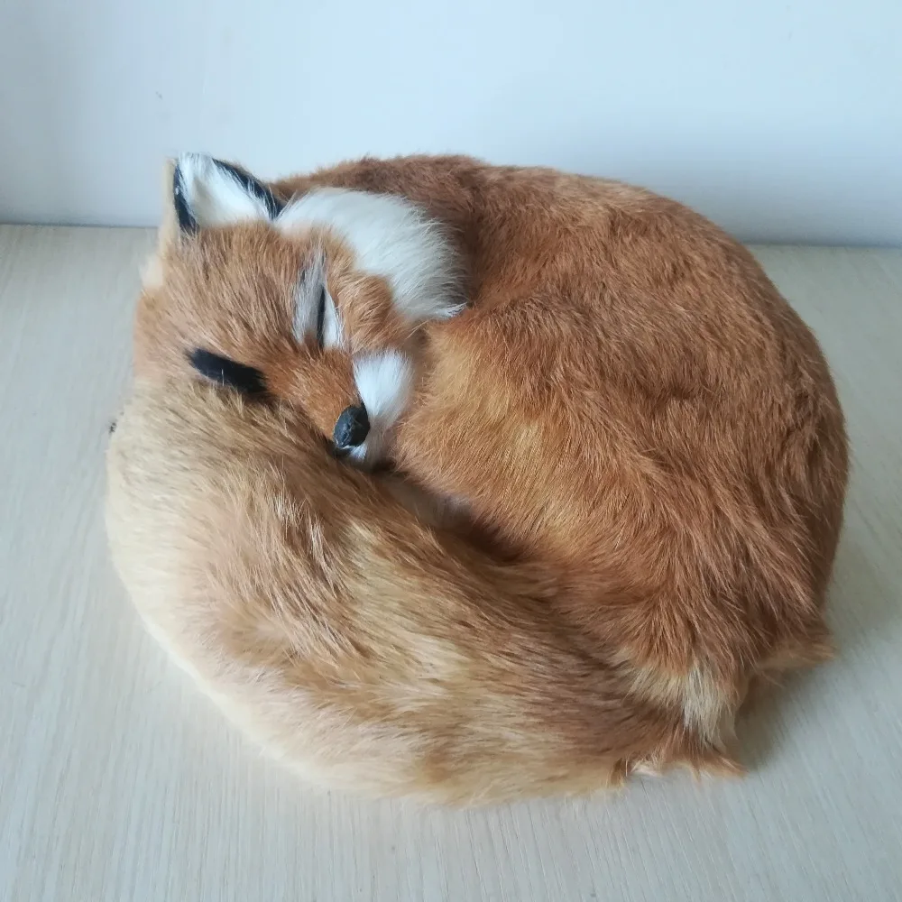 Настоящая игрушка коричневая лиса, жесткая модель полиэтилена и меха 27x27 см, Спящая лиса, украшение для дома, Рождественский подарок b0585