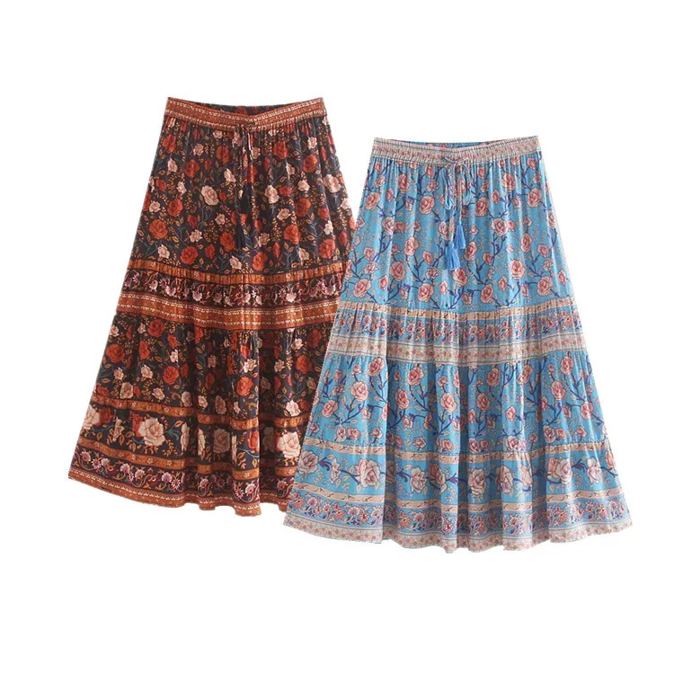 

Europe And America WOMEN'S Dress Autumn New Style Bohemian Style High-waisted Elastic Big Skirt Printed Skirt 128-9216