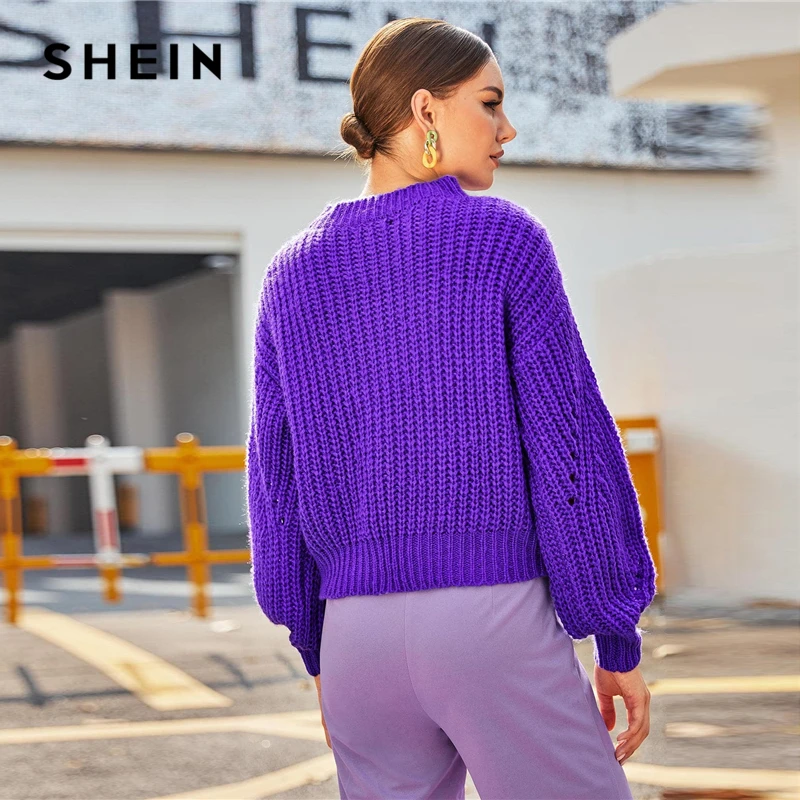 SHEIN, фиолетовый вязаный свитер с заниженным плечом, женские топы, Осень-зима, одноцветные, с рукавом Бишоп, с круглым вырезом, Повседневные свитера