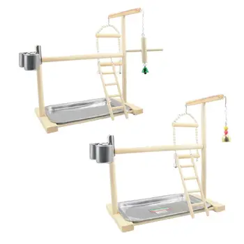 

Wood Parrot Playstand Perch Playstand Gym Stand Playpen Ladder with Feed Cups For Pet