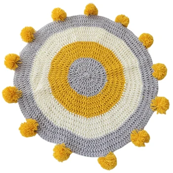 

New-Handmade Round Rug Circle Knitted Pompom Mat for Kids Play Area Rug 80X80cm Nursery Room Living Room
