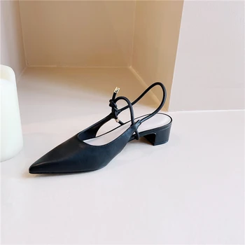 

Summer New Women Sandals Pointed Toe Square Heel High Back Strap Shoes Metal Decoration Sheepskin Mature Sandals