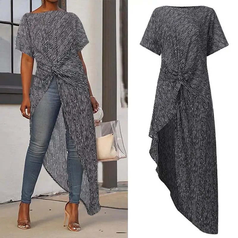 

VONDA Asymmetrical Tops Women's Blouse 2019 Summer Tops Split Striped Shirts Bohemian Blusas Long Party Shirts Plus Size Tunic